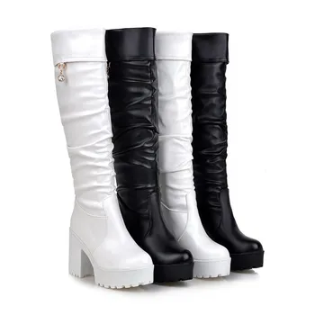 

YQBTDL Fashion White Black High Heel Platform Knee High Boots Female Block Heels Winter Pleated Womens Punk Shoes Long Boots 42