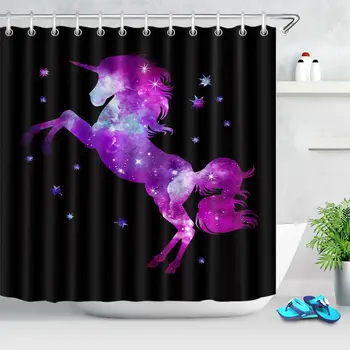

Magic Unicorn Stars Black Background Fabric Shower Curtain Bath Accessory Sets