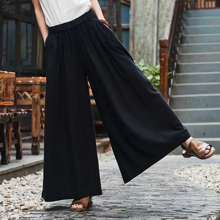 Women Autumn Loose Cotton Linen Elastic Waist Wide Leg Pants Ladies Plus Size Retro Wide Let Trousers Female Spring Vintage