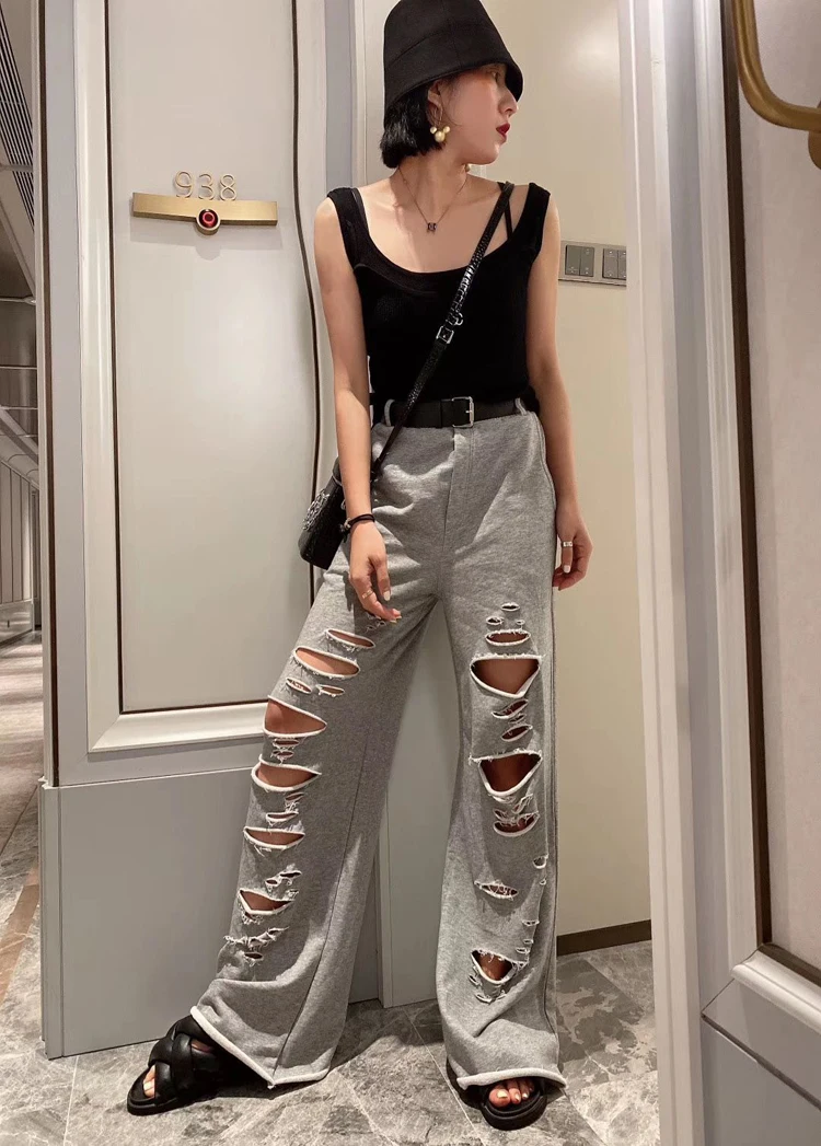 Vefadisa 6 Style Women Holes Wide Leg Pants 2020 Summer Women High Waist Straight Pants Female Plus Size Slim Pants ZQY242B