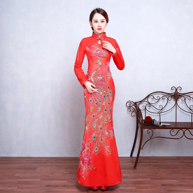 Long Sleeve Red Women Evening Party Mermaid Dress Slim Sequined Qipao Robe De Soiree Chinese Style Toast Clothing Cheongsam