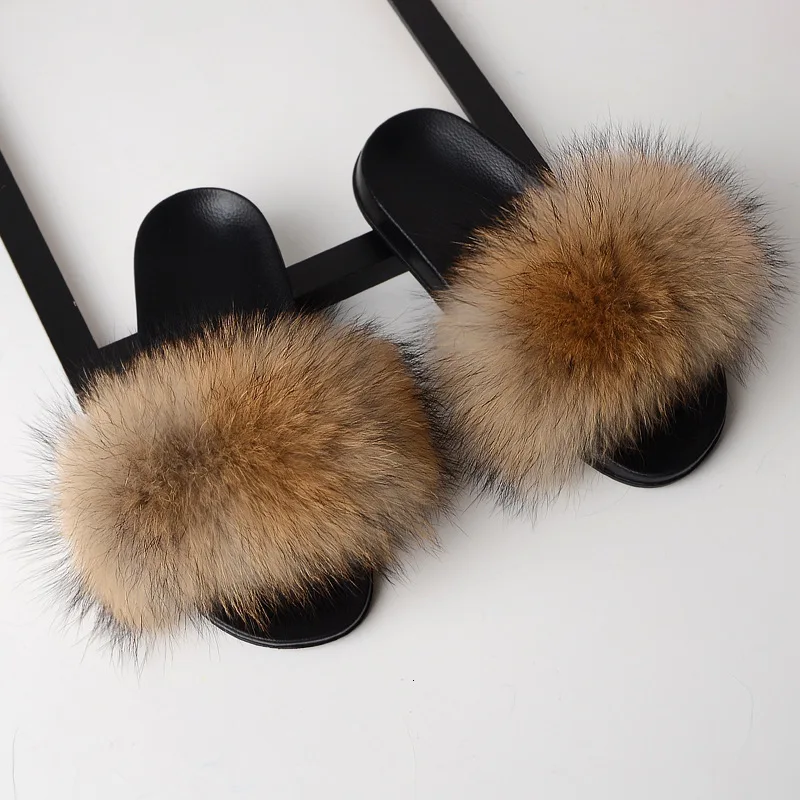 

Fur Slippers Women Real Fox Fur Slides Home Furry Flat Sandals Female Cute Fluffy House Shoes Woman Brand Luxury 2019