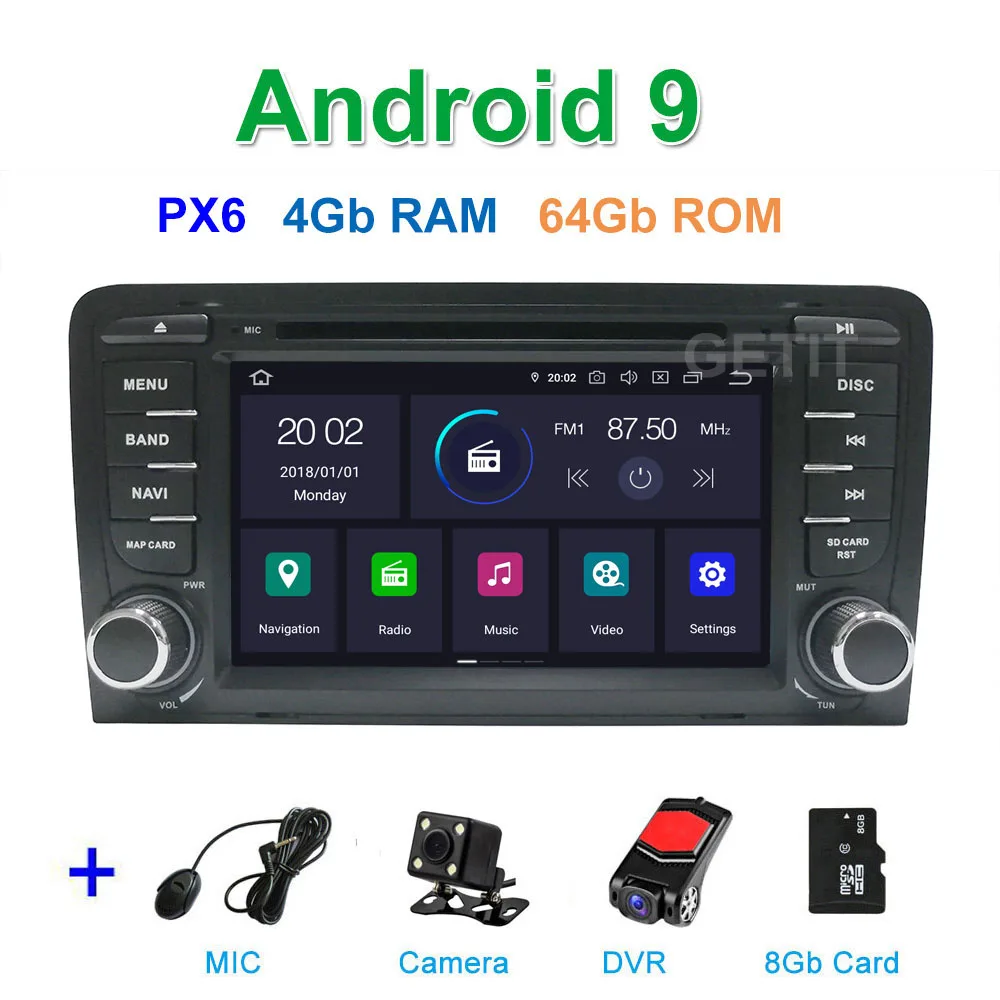 DSP 64G PX6 Android 9,0 автомобильный DVD видео стерео плеер gps навигация для Audi A3 8P 2003-2012 S3 2006-2012 RS3 Sportback 2011 - Цвет: PX6 4G CAM DVR SD