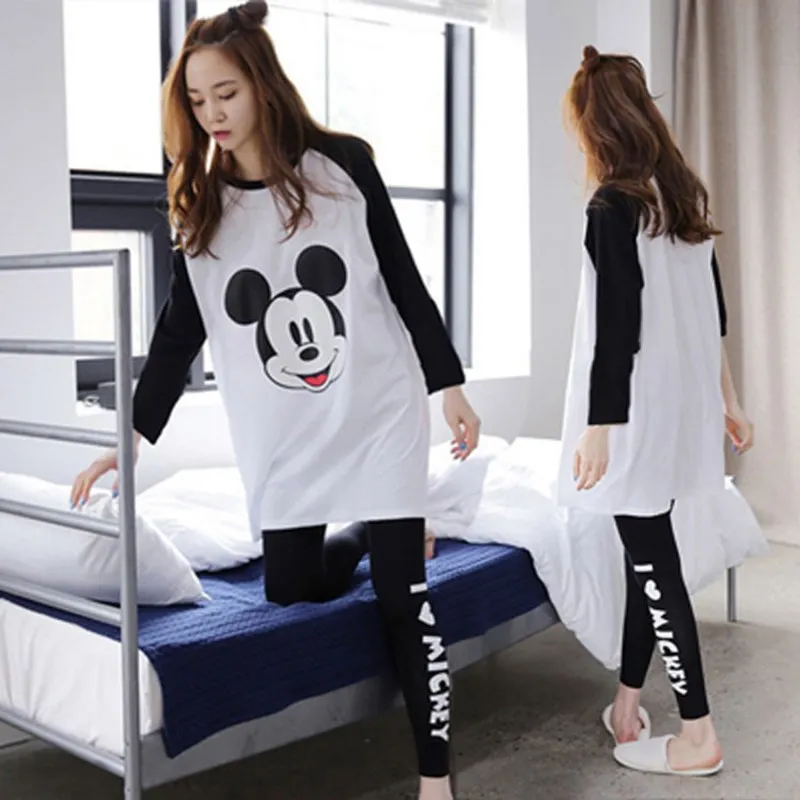 

2020 Spring Autumn 100% Cotton Pajama Sets Women Long Sleeve Cartoon Mickey Pyjama Cute Girls Alphabet Pants Sleepwear Homewear