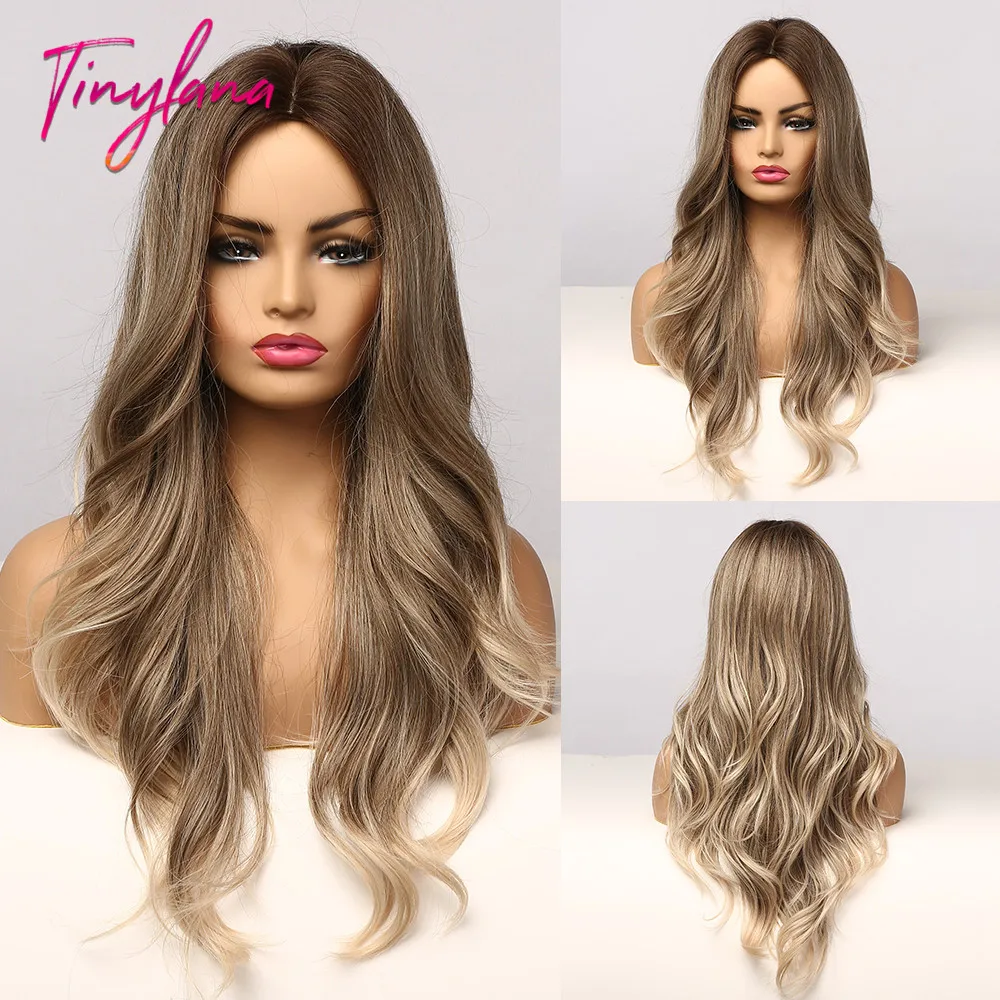 Minuscule LANA synthétique Ombre brun avec des perruques de point culminant dor longue ondulée résistant à la chaleur Fiber partie moyenne Cosplay perruques pour les femmes