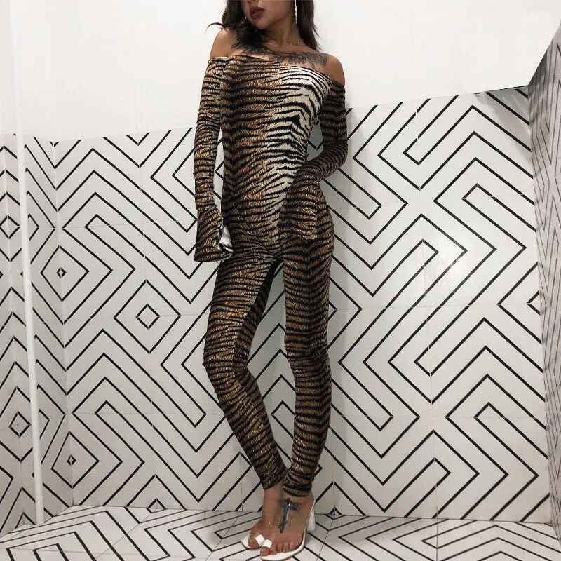 

Sexy Women New Catsuits Long Sleeve Tiger Striped Skinny Leotard Stretchy Slash Neck Jumpsuits Female Clubwear Romper Femme 2019