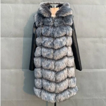 

90CM Winter Warm Fur Jacket Overcoat With Hooded Women Faux Fox Fur Coat With PU Sleeve High imitation Fox Fur Jacket Outerwear