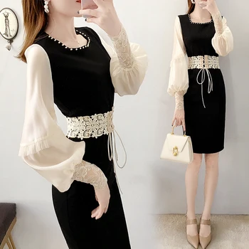 

Patchwork Dress For Women Appliques Korean Dress Lantern Sleeve Ladies Dresses Fragrant Roupas Evangelicas Vestidos De Fiesta