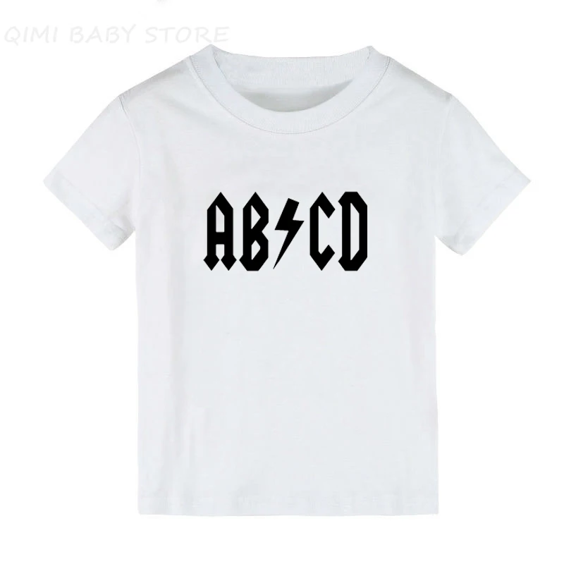 Забавные ABCD с буквенным принтом детская одежда рок Acdc для малышей Одежда для детей, которые начинают ходить, для мальчиков и девочек, детская футболка модные летние детские майки, футболки
