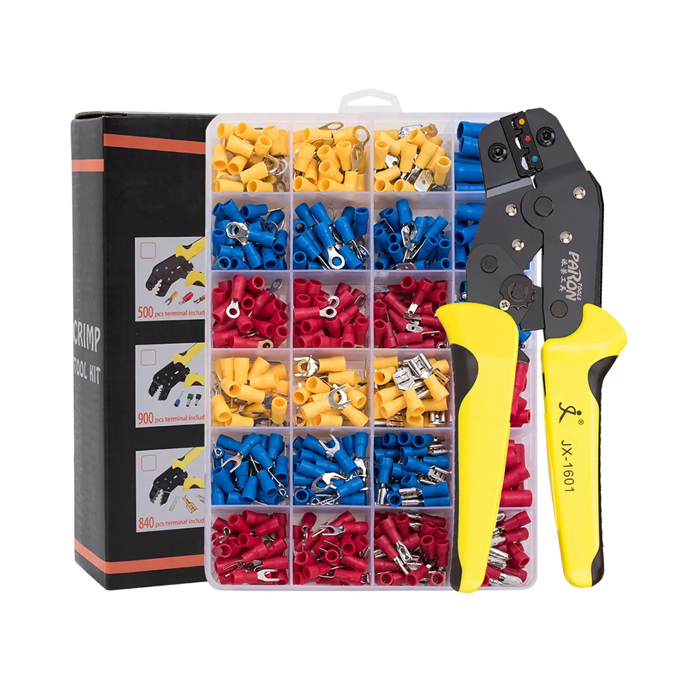 

Wire Terminals Crimping Tool Insulated Ratcheting Crimper Kit of AWG22-14 with 500PCS Male and Female Spade Connectors