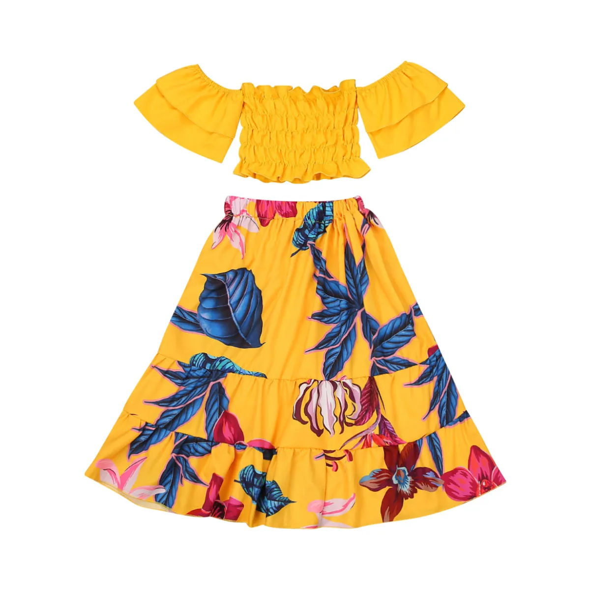 Fashion 2 Pieces Kids Baby Girl Clothes Yellow Off shoulder Crop top +Floral Print Long Skirt Set Girls Summer Clothing 1-6Years | Детская