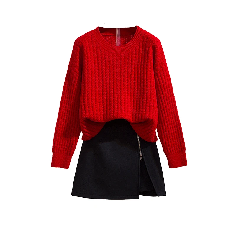 

Autumn Winter Women Pullover Sweater Suits Fashion Knitted Red Coat Open Fork Zipper Skirt Of Tall Waist Two-Pcs Clothing Set