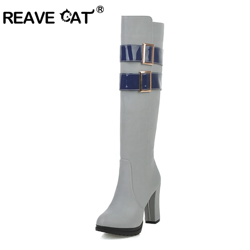 Женские сапоги на квадратном каблуке REAVE CAT высокие до колена с острым носком и