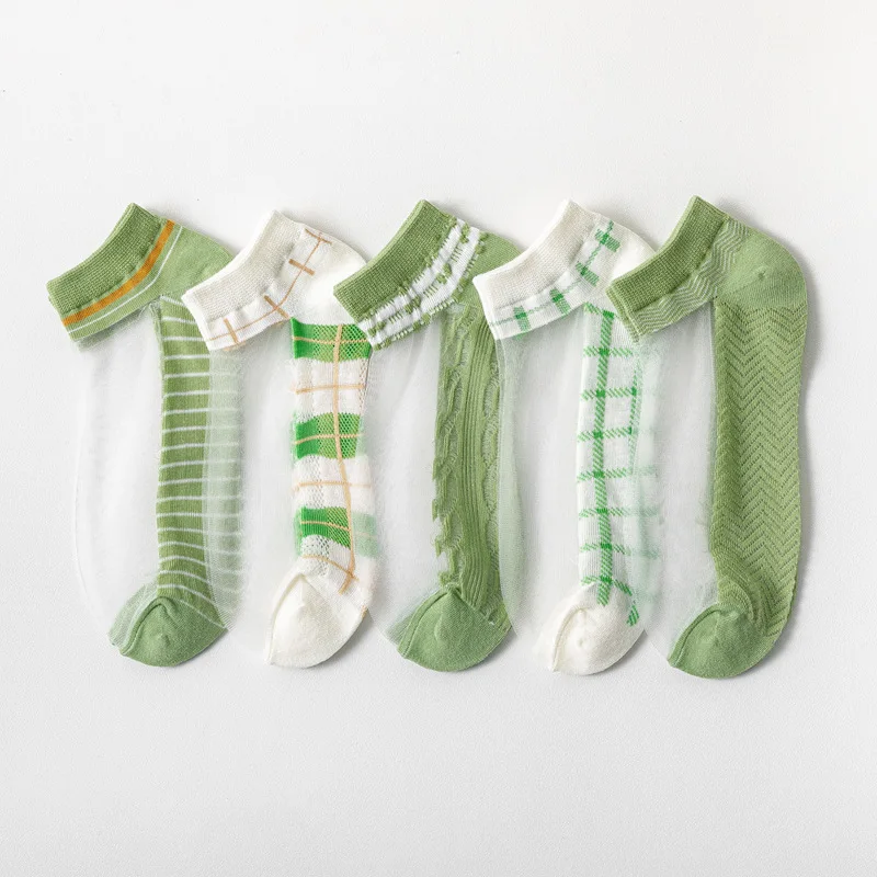 

5Pairs Summer Mesh Socks Women Thin Casual Transparent Cute Green Check Series Kawaii Mori Girl Ultrathin Glass Silk Sheer Socks