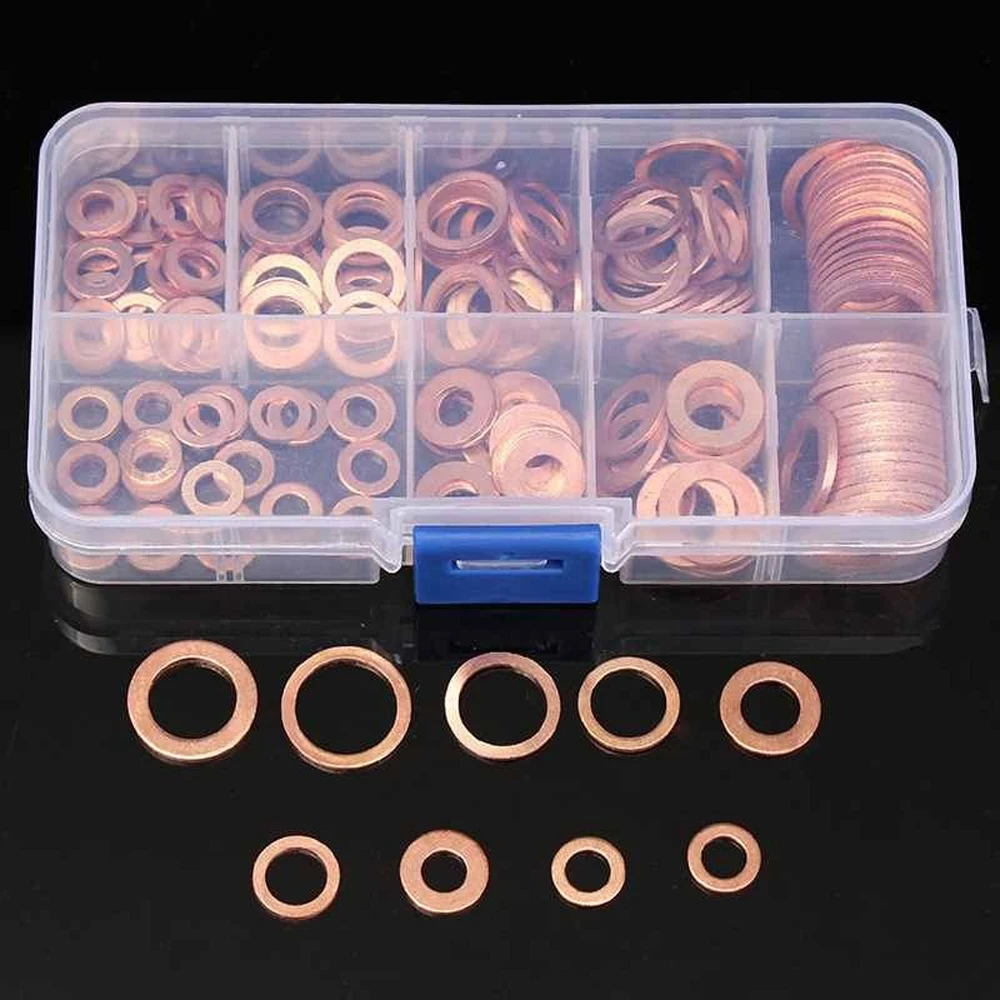 

200pcs Solid Copper Washer Gasket Nut and Bolt Set Flat Ring Seal Assortment Kit Washers Fastener Hardware Accessories