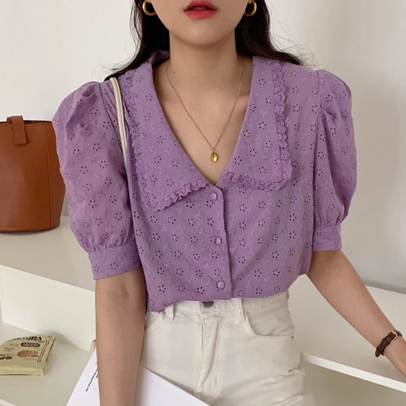 

ZOSOL Chic Ageing Hipster Lapel Single-Breasted Machine Embroidery Jacquard Hollow Loose Puff Sleeve Shirt Women