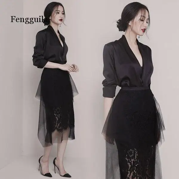

Women 2 Piece Set Dress Spring Sexy Deep V Neck Blazer Black Coat +Fashion Irregular Lace Patchwork Mesh Skirt Suits