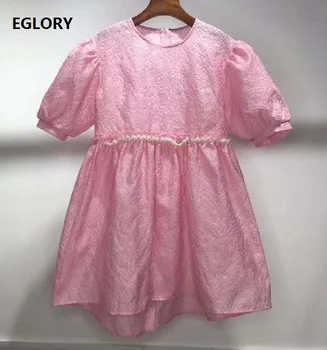 

Sweet Cute Dress 2020 Autumn Style Ladies Vintage Jacquard Print Hand Made Beading Puff Sleeve Casual Loose Pink Dress Lolita