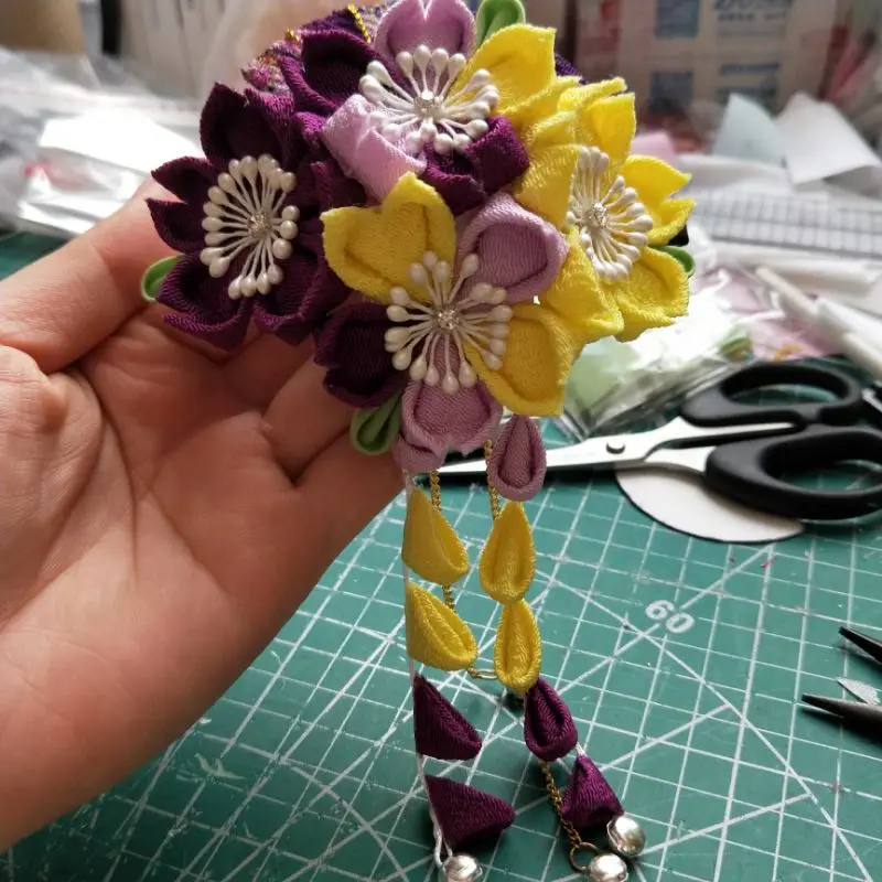 Sakura tsuami zaiku kanzashi заколка колокольчик кисточка заколка для волос кимоно японской гейши юката аксессуар ручной работы украшения косплей - Цвет: Yellow And Purple
