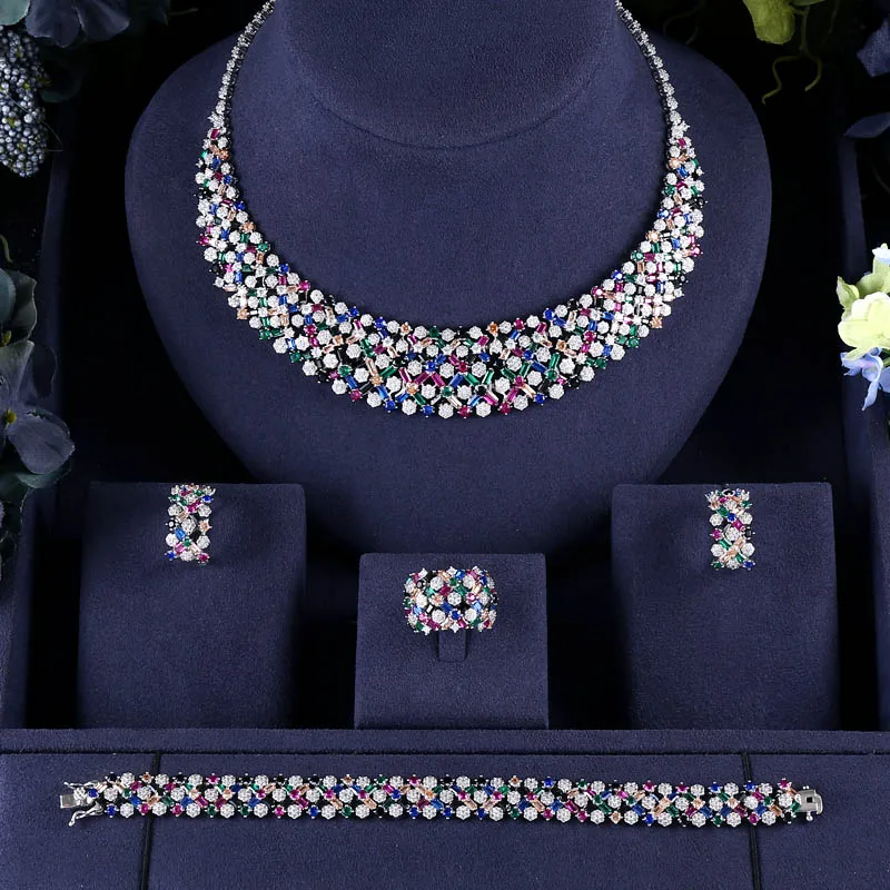 

Accking Luxury 4pcs CZ Jewelry Sets Brilliant Cubic Zircon Wedding Party Earrings Necklace Jewelry Sets For Heavy Dinner