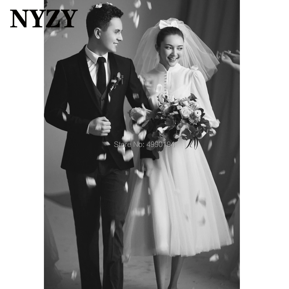 

NYZY W32 Vintage High Neck Long Sleeves Boho Wedding Dress 2020 Tea Length Muslim Wedding Gowns vestido de novia robe de mariee