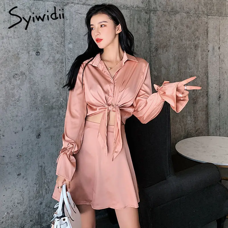 Элегантный комплект из двух предметов с юбкой женские атласные шелковые блузки