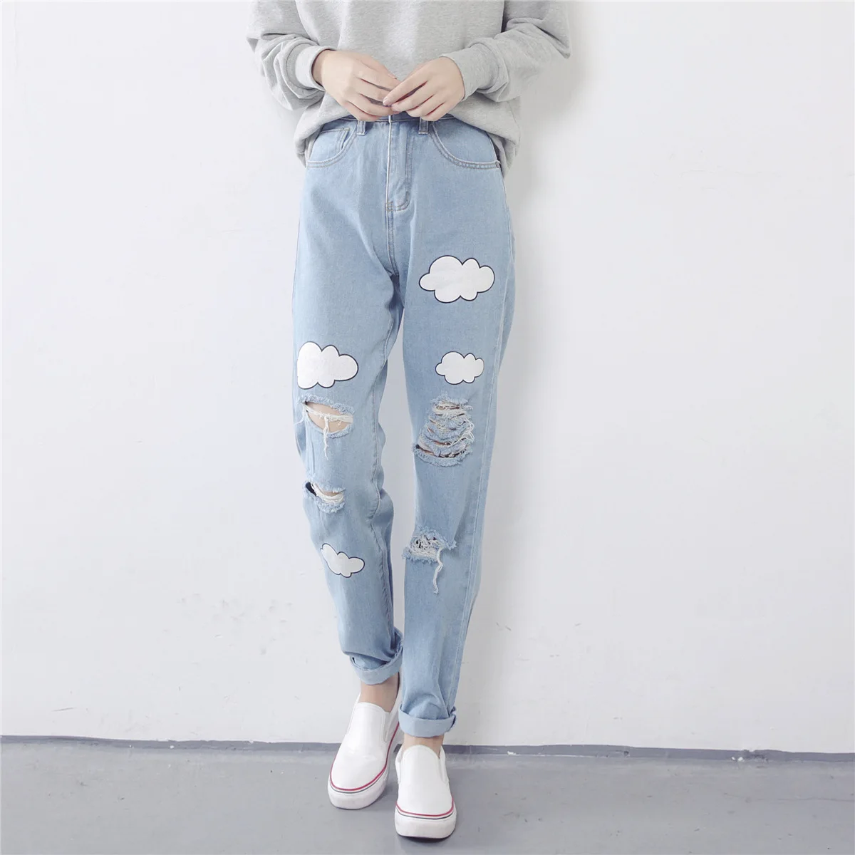 Autumn Clothing New Style Korean-style Washing with Holes Printed Jeans High-waisted Slimming Harem Pants Women's Net Price