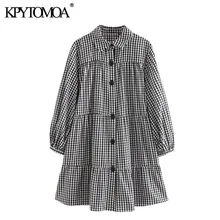 KPYTOMOA, Mini vestido con volantes holgadas de cuadros a la moda 2020, cuello de solapa Vintage, Vestidos de manga larga para Mujer