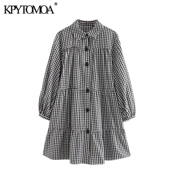 

KPYTOMOA Women 2020 Sweet Fashion Loose Plaid Ruffled Mini Dress Vintage Lapel Collar Long Sleeve Female Dresses Vestidos Mujer