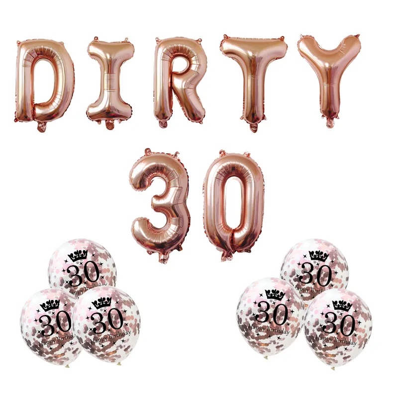 

7pcs/lot 16inch Rose Gold Silver Dirty 30 thirty 30th 50th 60th Birthday Balloons Sweet Girls Birthday Party Decorations Adult