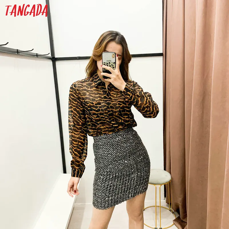 Tangada Женская Ретро леопардовая шифоновая блузка с животным принтом с длинным рукавом шикарная Женская Повседневная Свободная рубашка blusas femininas XN303