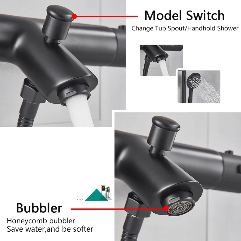 Rozin Matte Black Thermostatic Shower Faucet Wall Mounted Temperature adjustable Bathtub Mixer Tap With Handheld Bathroom Shower 4