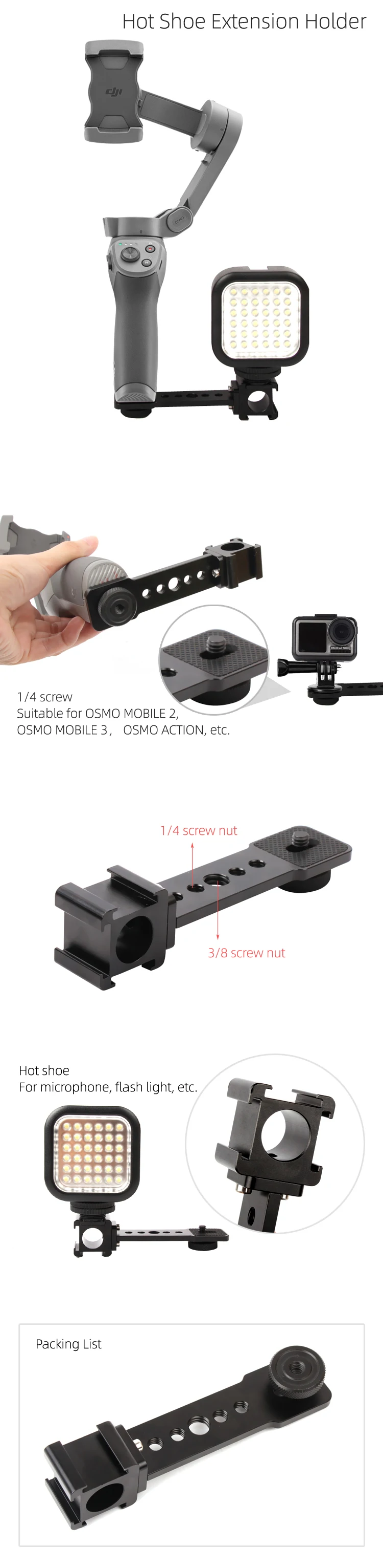 Кронштейн-удлинитель для горячего башмака с адаптером 1/4 для Zhiyun Smooth 4 OSMO MOBILE 2 3/Gimbal OSMO ACTION Gopro 5 6