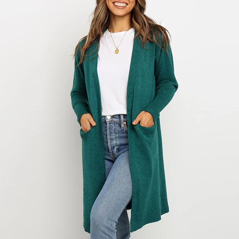 

Women Knitted Cardigan 2019 Autumn Winter Knitting Sweater Coat Solid Color Open Front Pockets Drop Shoulder Long Sleeves Jacket