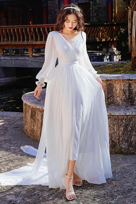 Luxury Red & White Chiffon Long Dress For Elegant Lady Gorgeous V-Neck Lanter Sleeve Floor Length Bohimian Beach Dresses Vestido 7