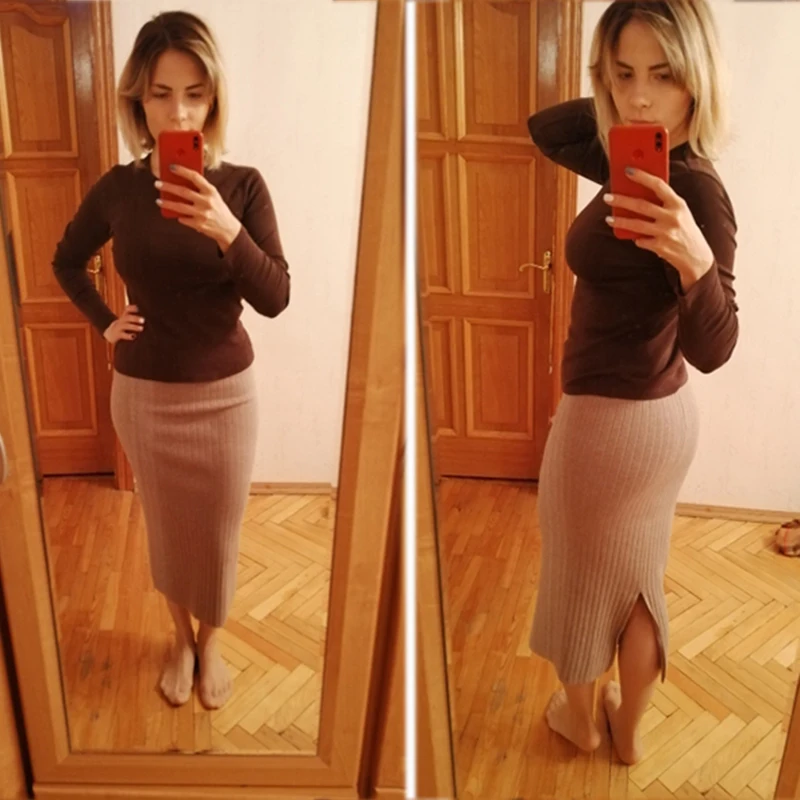 Весна осень юбки сексуальные шикарные юбки карандаш Женская юбка шерсть ребра вязанная длинная юбка посылка бедра разрез до талии миди юбка макси