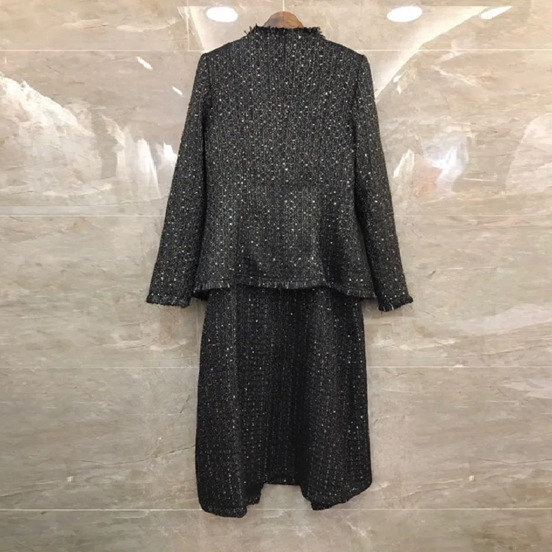 Top Quality Wool Suits Autumn Winter Dress Sets Women Sequined Wool Blend Jacket+Sleeveless Strap Dress Suit Set Female