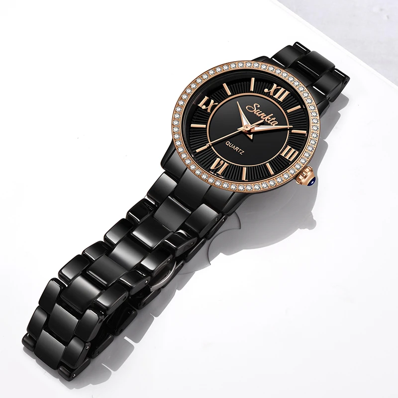 SUNKTA Лидирующий бренд Роскошные кристаллы алмаза женские часы простые водонепроницаемые часы женские все черные керамические кварцевые часы женские часы