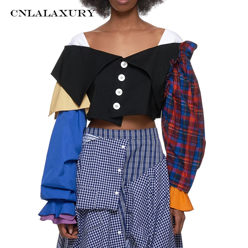 Women vintage Blouse V-neck Long Sleeve Loose Fit Plaid Button Panelled Spliced Shirt Tide Spring Autumn blusa feminina