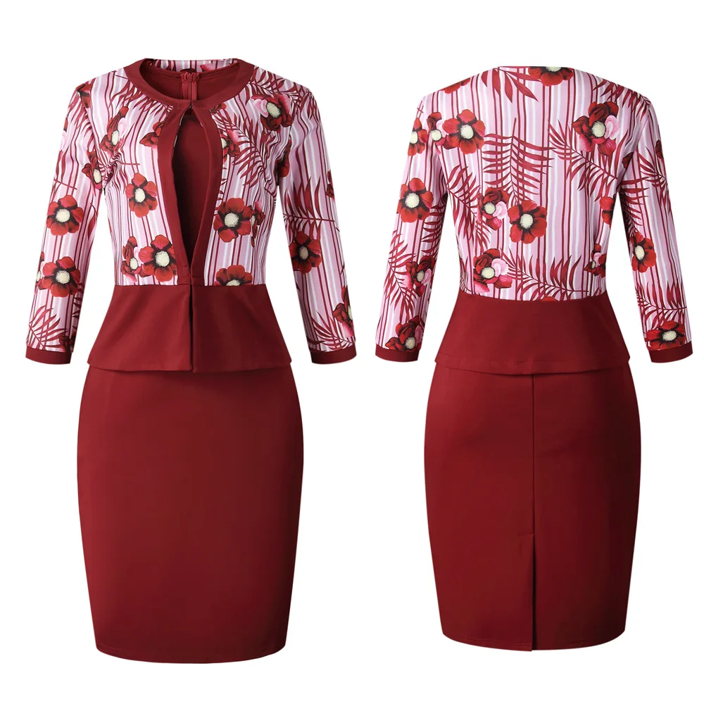 African Clothes High Quality Two Pieces Set Women Office Lady Elegant Printed Coat&Short Sleeve Bandage Pencil Dress Suits