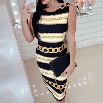 

Elegant Women Pencil Dress O-Neck Sleeveless Striped Print Midi Dress Summer Bodycon Hip Dress Slim Party Tight Dress Lady Dress