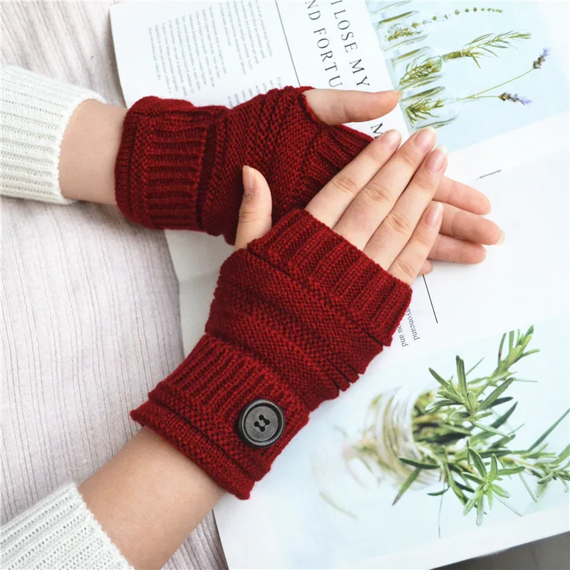 Лидер продаж кнопка женские перчатки без пальцев Для женщин зимние, вязаные, теплые перчатки без пальцев теплые мягкие Для женщин вязаные варежки