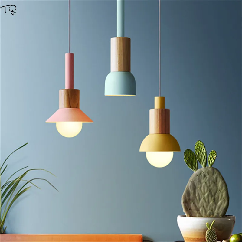 

Macaroon Single Head Wood Nordic Pendant Lights Modern Minimalist E27 Led Light Fixture for Living Room Bedroom Dining Luminaire