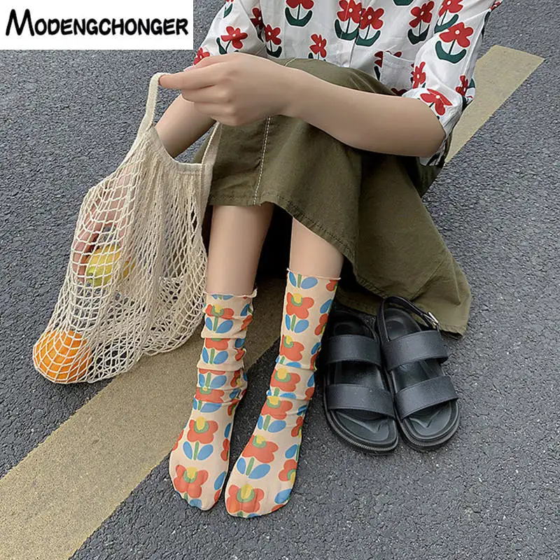 

1 Pair Thin Section Ins Harajuku Glass Socks Japanese Korean Version Of The Ya Network Red With The Small Flower Net Yarn Socks