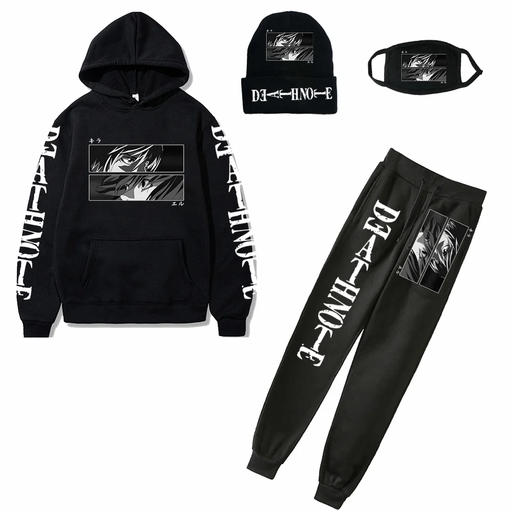 Death Note Anime Hoodies Jogging Pants Hat Mask Four Piece Suit Sweatshirts Pullovers Pocket Streetwear Solid Outfits Sportswear