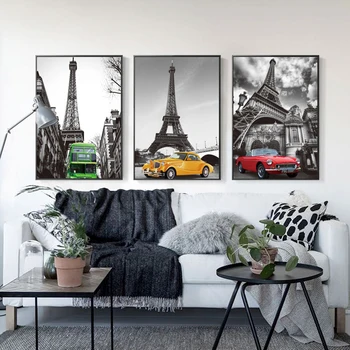 

Nordic Canvas Poster and Print Wall Art Painting Retro European City Tower and Car Picture Scenery Poster for Living Room 4-81