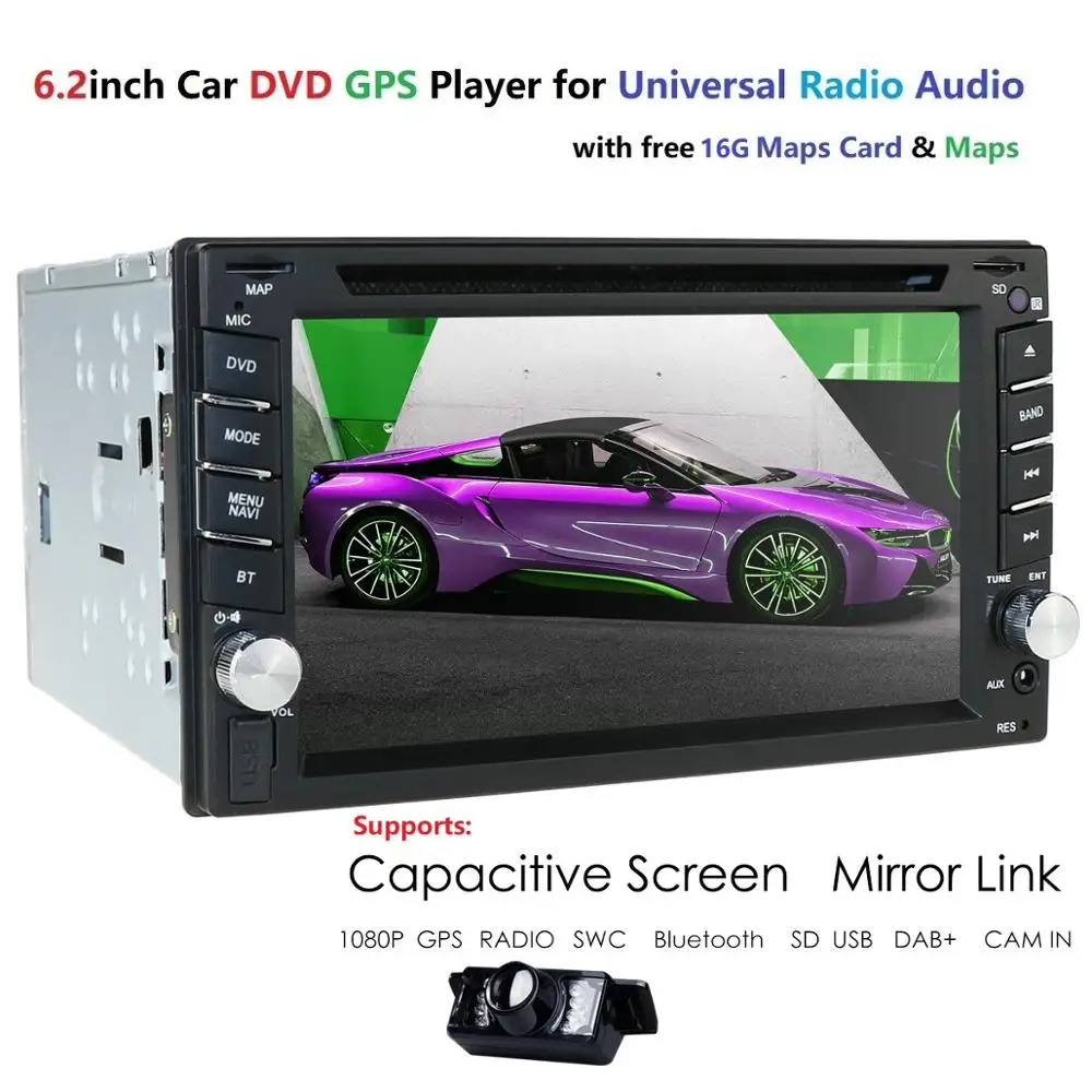 6," 2DIN автомобильное радио стерео gps навигация BLUETOOTH dvd-плеер для универсального автомобиля USB tv SWC RDS Зеркало Ссылка USB сенсорный экран DAB