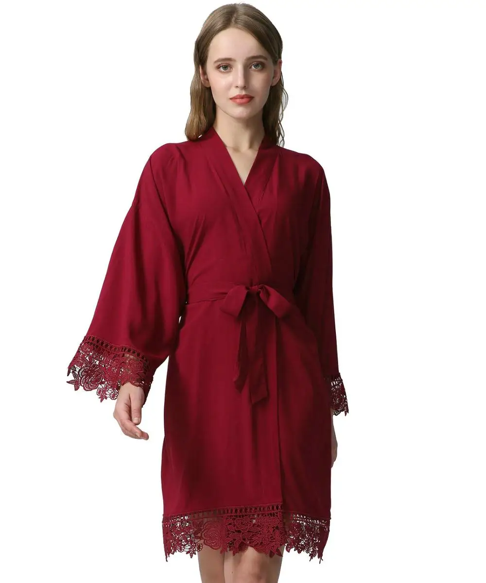 YUXINBRIDAL искусственный шелк новое однотонное хлопковое кимоно халаты с кружевной отделкой женский свадебный Халат короткий пояс Халат - Цвет: wine red