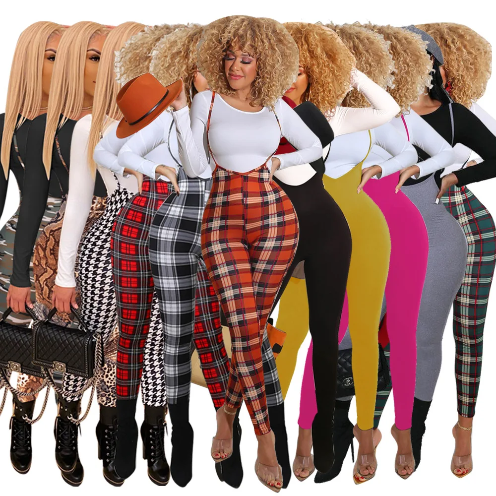 

2021 для женщин плед Jumspuit футболка с длинным рукавом комплект бретельках карандаш брюки женский Повседневное платье на бретелях тонкий комбинезон, повседневные штаны