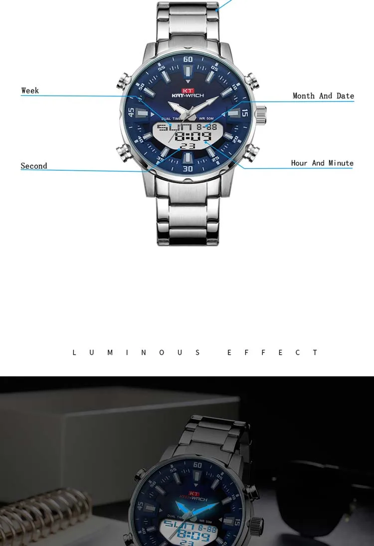 KAT-WACH Brand Steel Band Dual Movement Large Dial Waterproof Men's Electronic Watches Simple Luxury Business Man Wristwatch